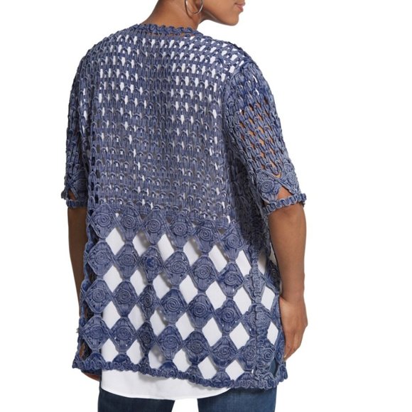 Chico's Soutache Cardigan Women's 2 US L Sadie Blue Open Weave Half Sleeve - Picture 3 of 8